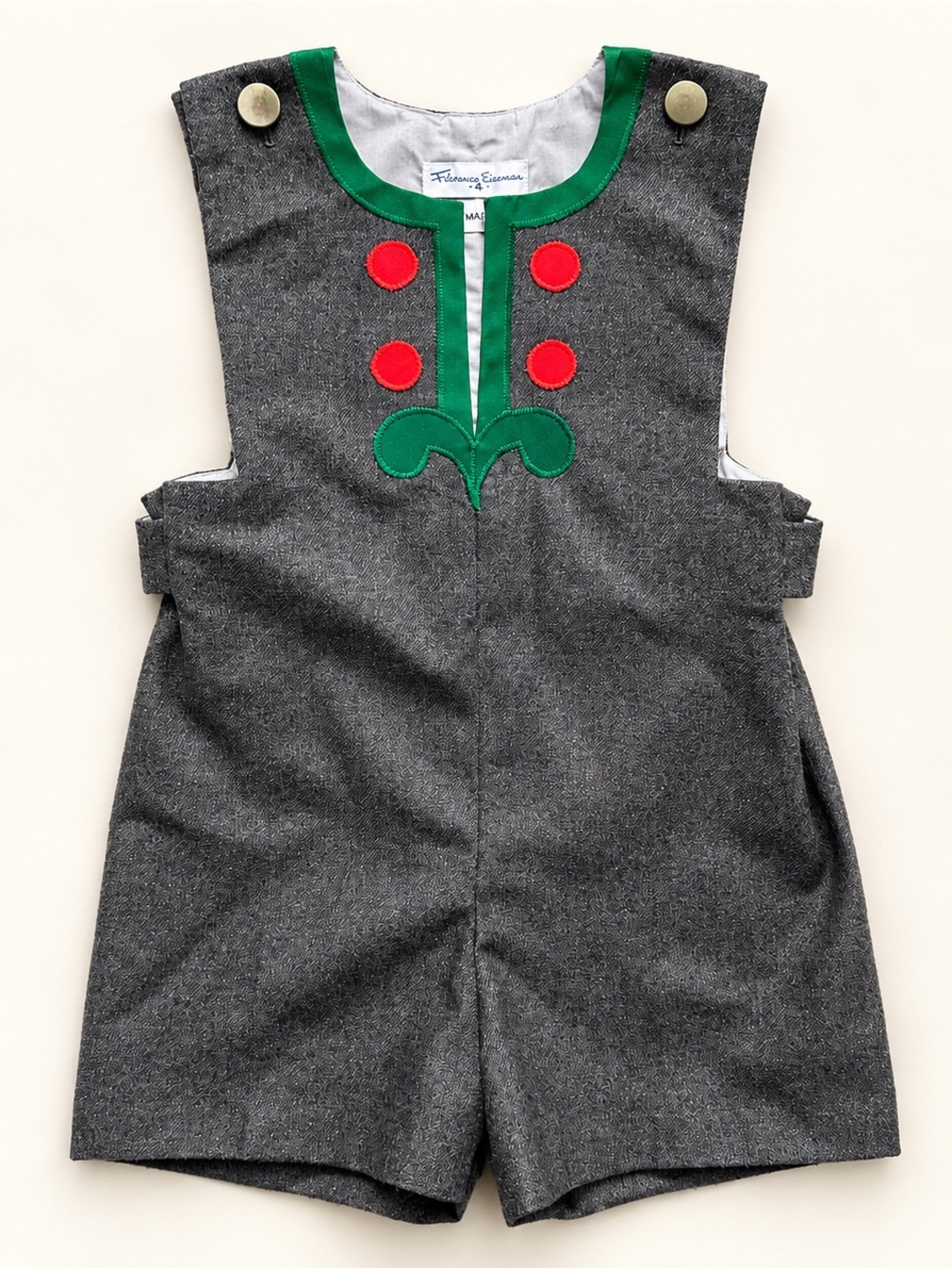 Vintage Florence Eiseman Boys Size 4 T Gray Romper Shortall Green Red Applique